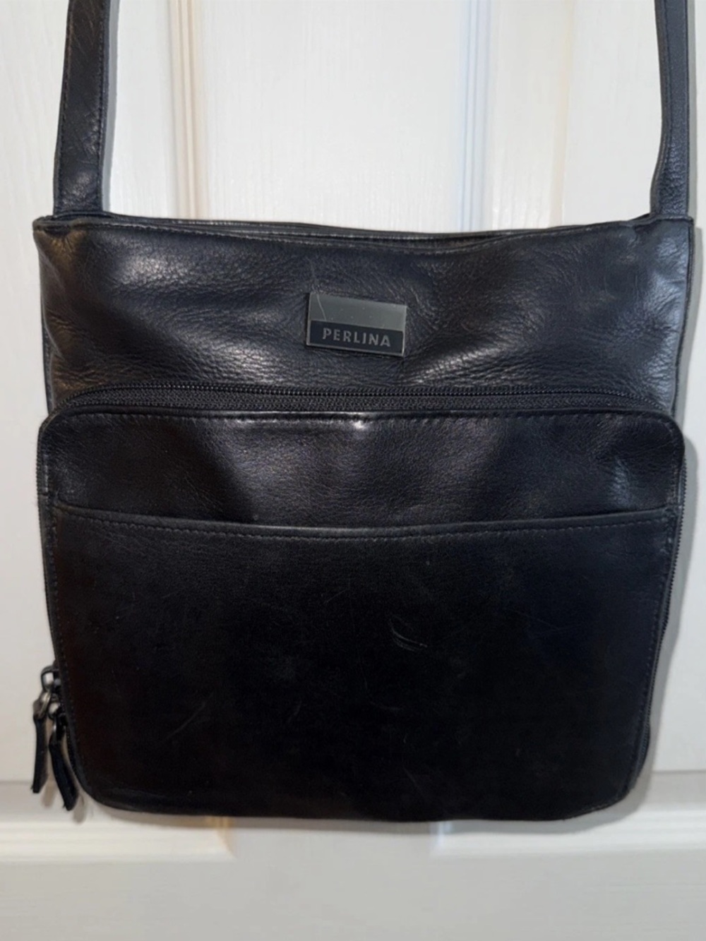 Perlina New York Black Leather Messenger Crossbody Bag Triple Compartment